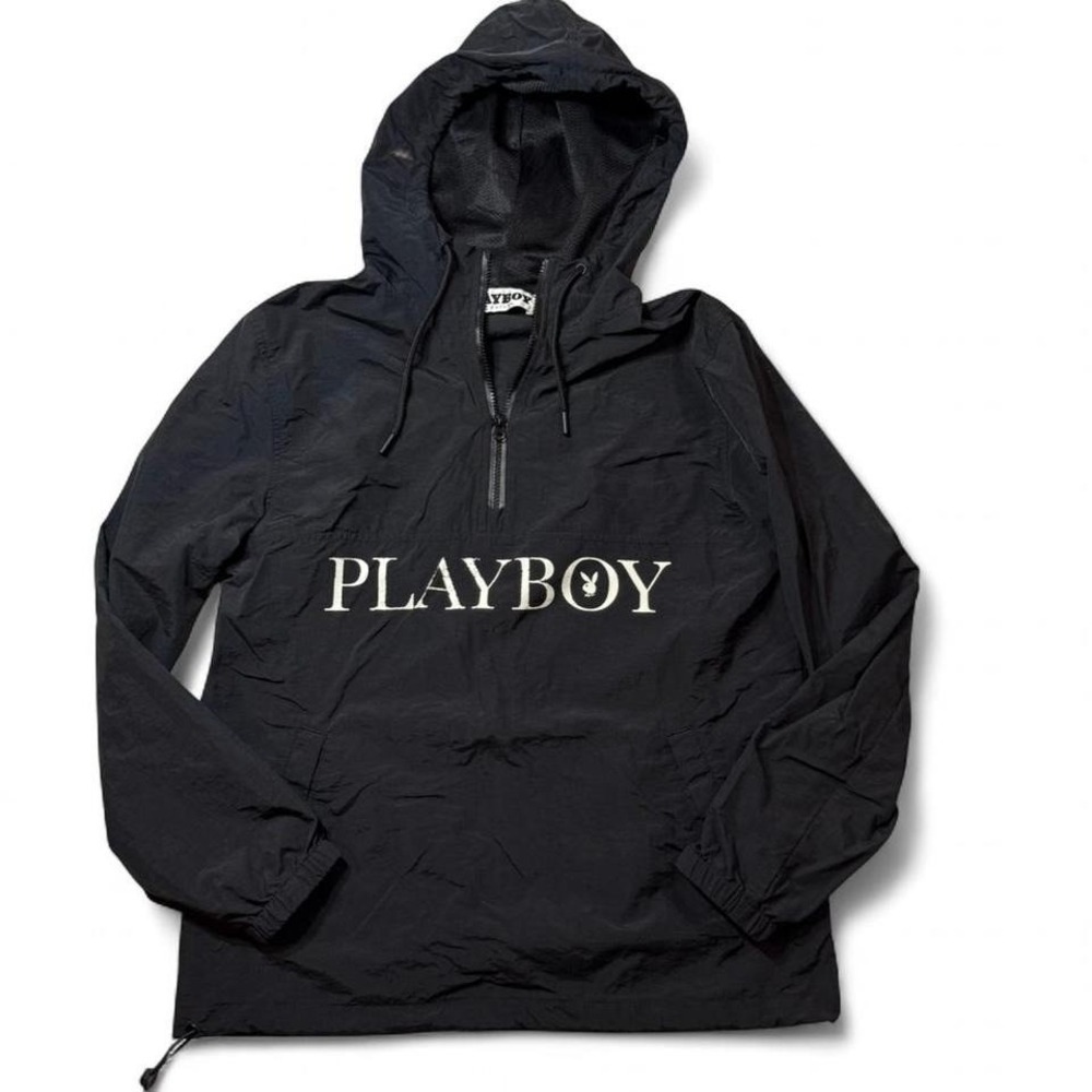 🔥 Playboy Windbreaker Jacket 🐰 Black Hooded Pullover Streetwear Y2K Small